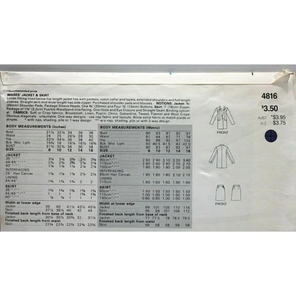 Butterick Sewing Pattern 4816 Jacket Skirt Size 16‎